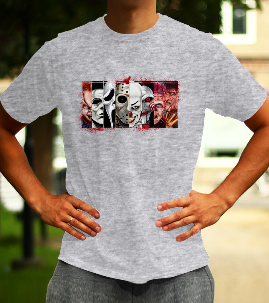Chucky Ghostface Jason Voorhees Pennywise Jigsaw Pinhead Freddy Krueger Horror Movie Characters T-Shirt