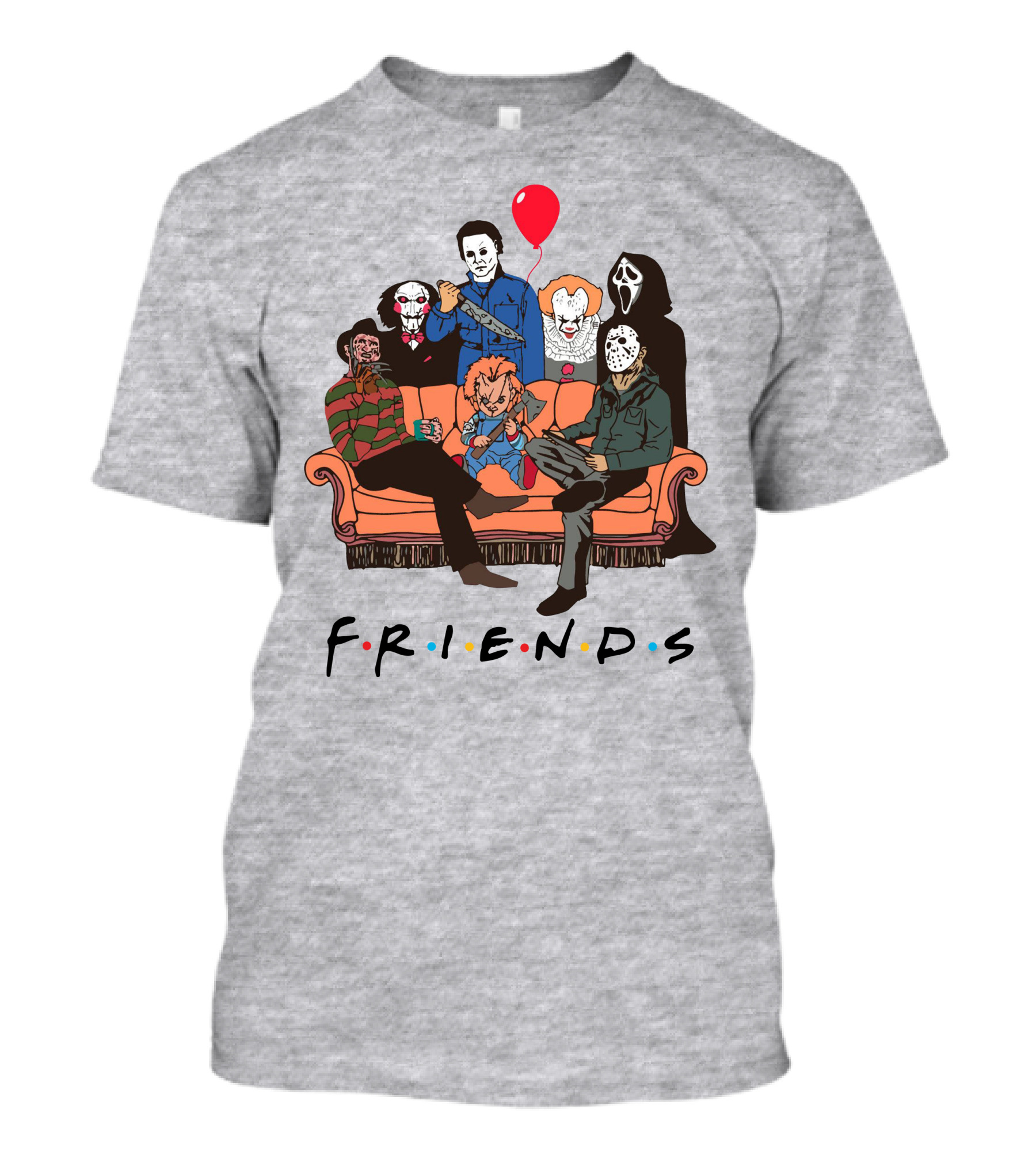 Famous Horror Movie Killers Characters Friends Sitting On Couch With Red Balloon T-Shirt