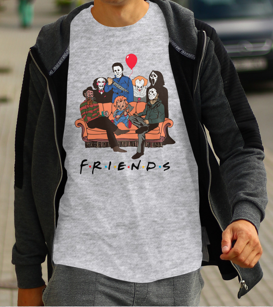 Famous Horror Movie Killers Characters Friends Sitting On Couch With Red Balloon T-Shirt