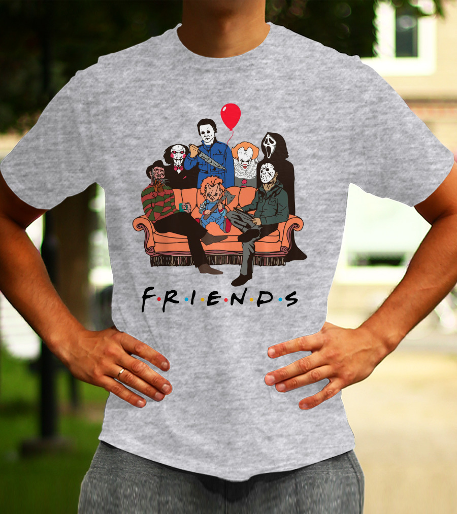 Famous Horror Movie Killers Characters Friends Sitting On Couch With Red Balloon T-Shirt
