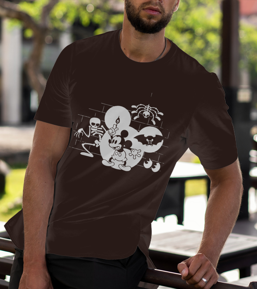 Mickey Mouse Haunted Halloween Mansion With Skeleton And Bat T-Shirt