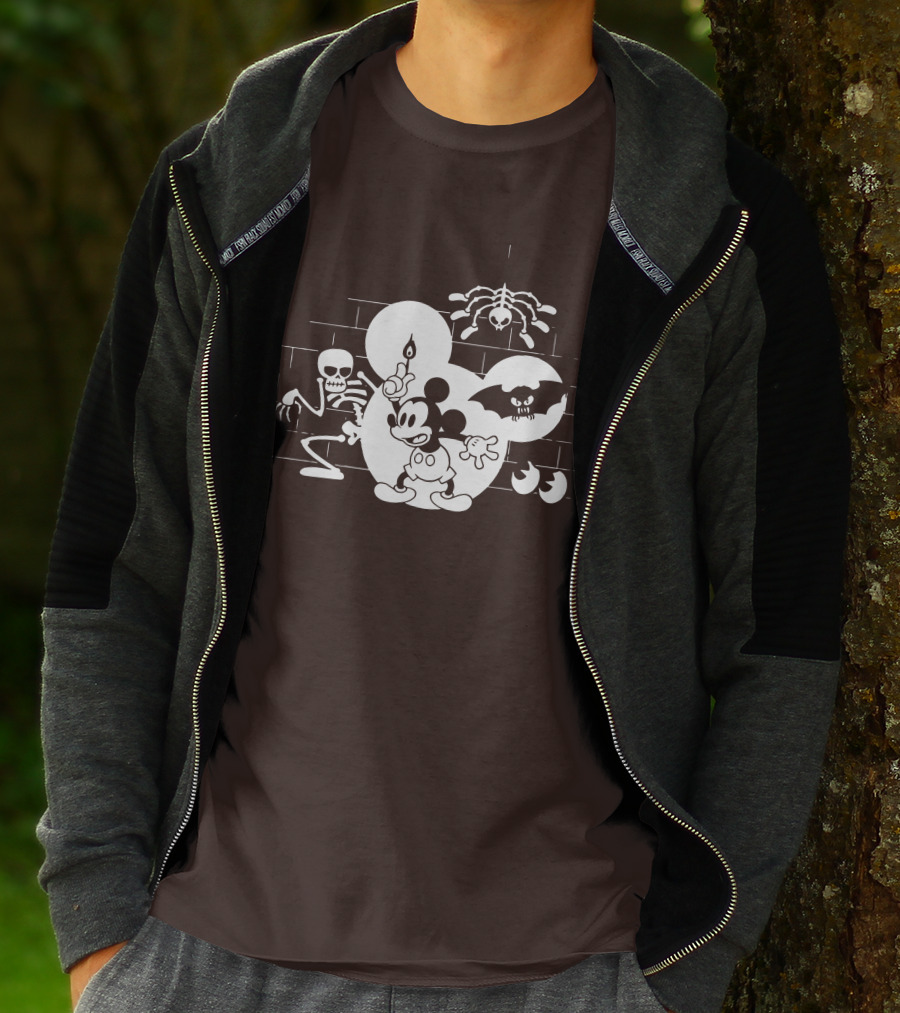 Mickey Mouse Haunted Halloween Mansion With Skeleton And Bat T-Shirt