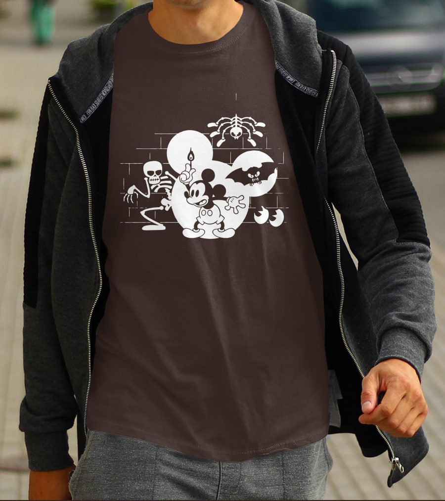 Mickey Mouse Haunted Halloween Mansion With Skeleton And Bat T-Shirt