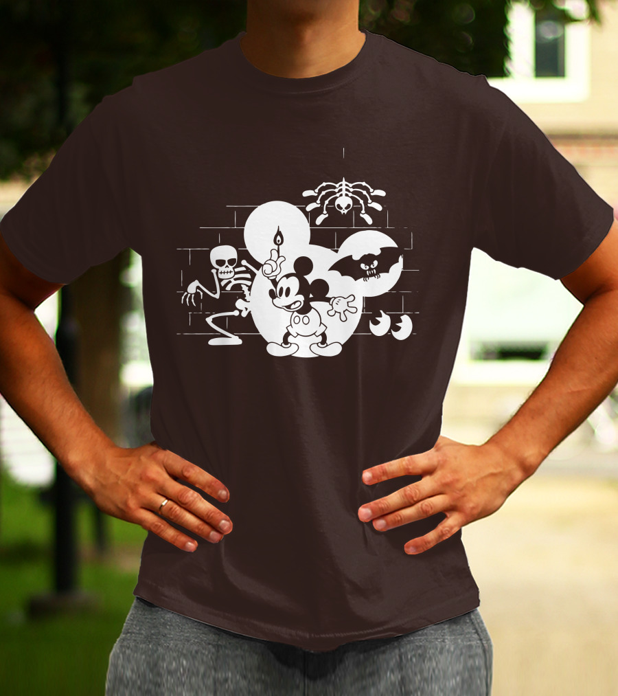 Mickey Mouse Haunted Halloween Mansion With Skeleton And Bat T-Shirt