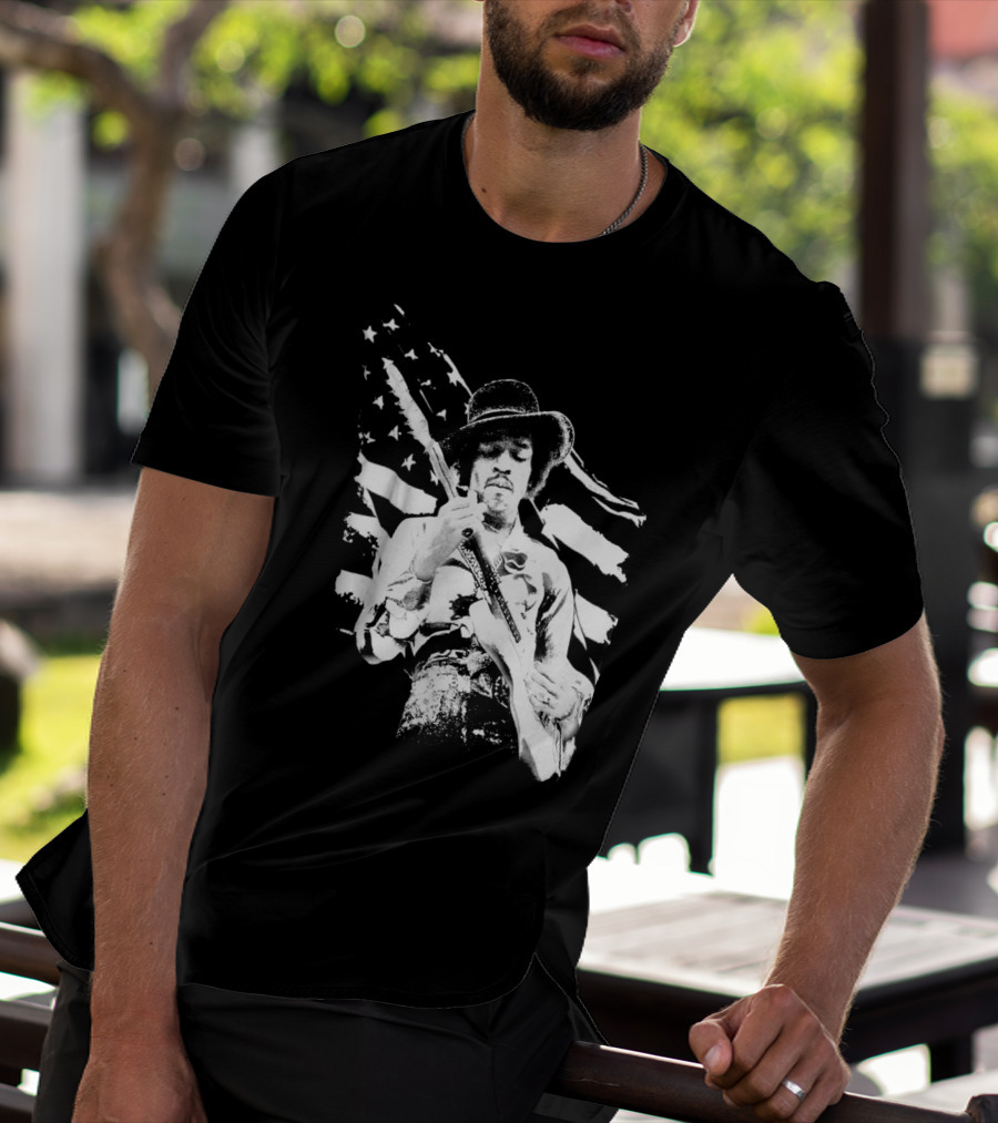 Jimi Hendrix Americana With Stars And Stripes Flag T-Shirt