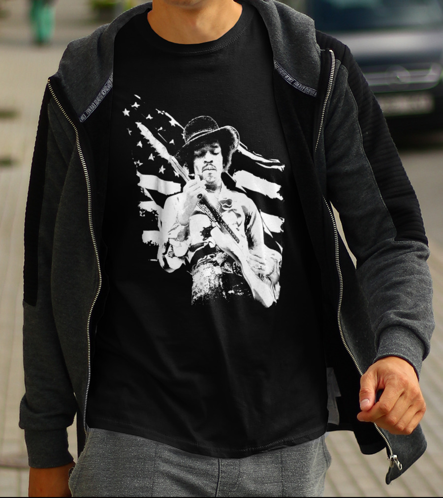 Jimi Hendrix Americana With Stars And Stripes Flag T-Shirt