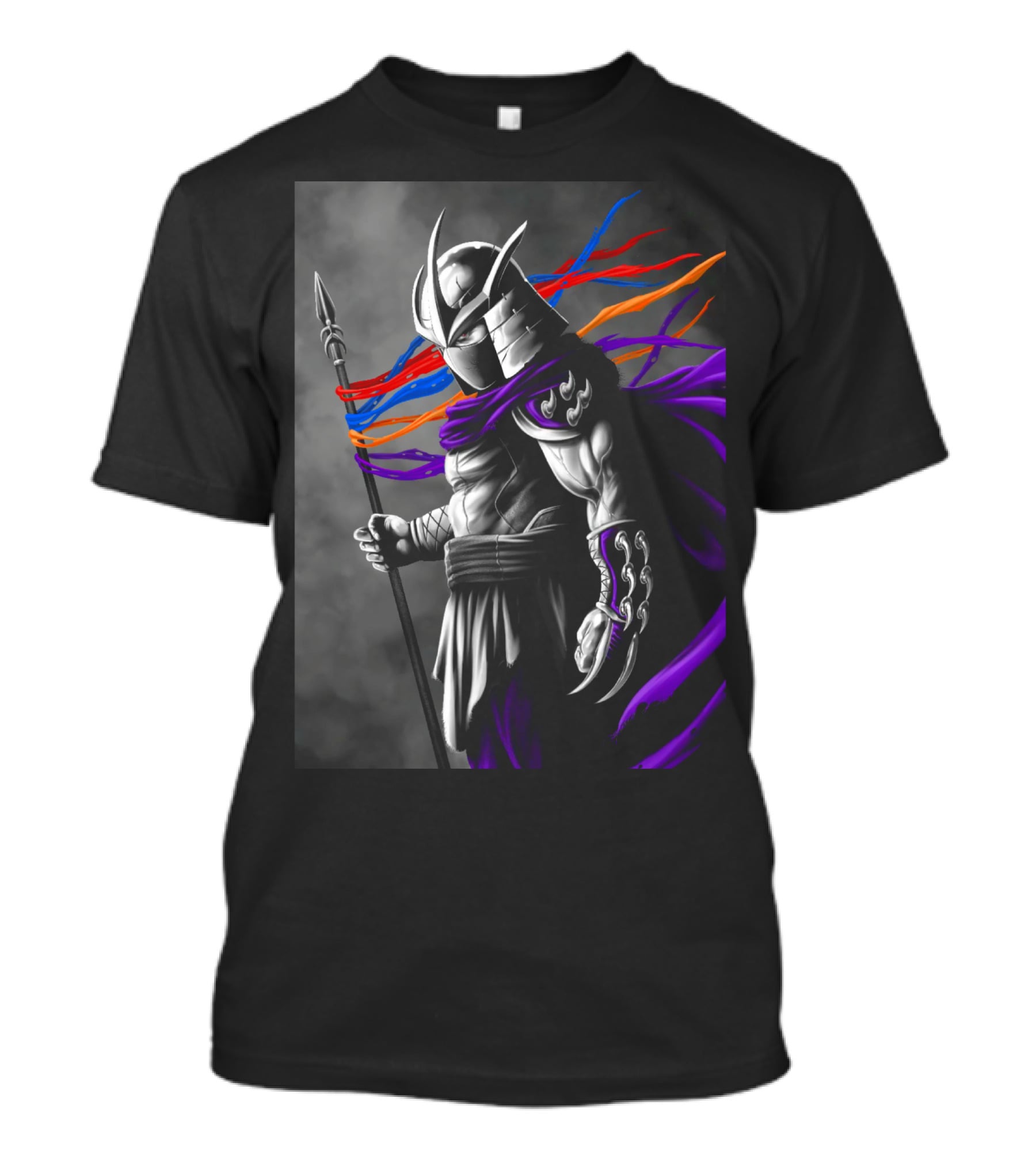 Shredder Villain With Spear And Flowing Cape In Colorful Ribbons T-Shirt