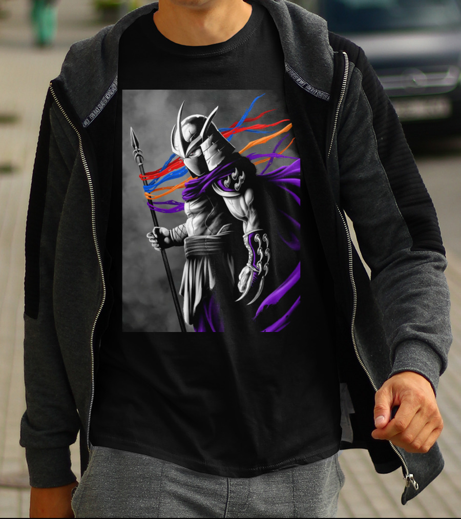Shredder Villain With Spear And Flowing Cape In Colorful Ribbons T-Shirt