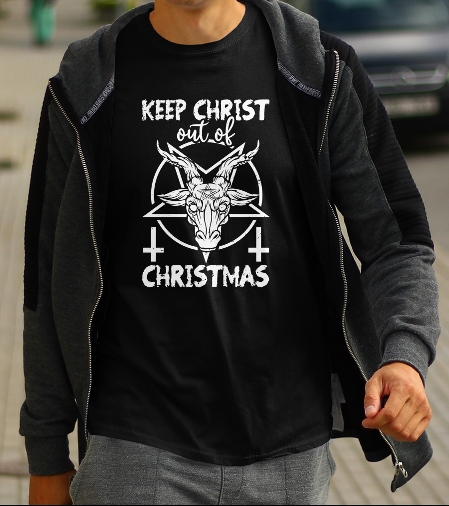 Keep Christ Out Of Christmas Baphomet Devil Worshipping Pentagram Inverted Crosses T-Shirt