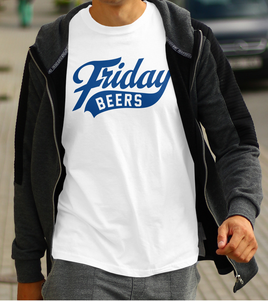 Friday Beers Signature White Logo Blue Text T-Shirt