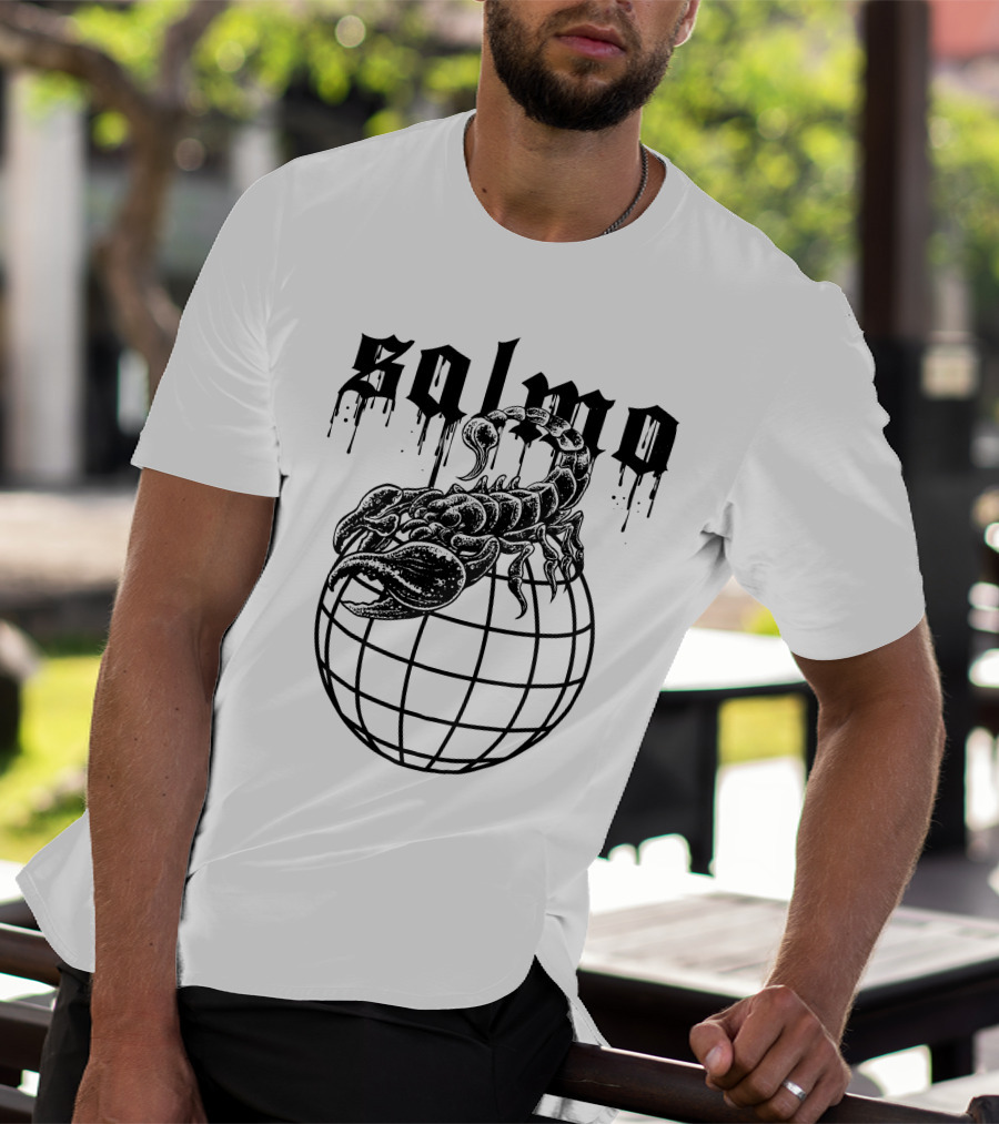 Salmo Scorpio With Dripping Text And Scorpion On Globe T-Shirt