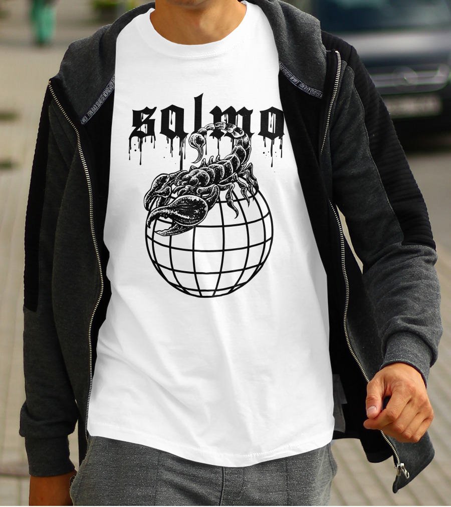 Salmo Scorpio With Dripping Text And Scorpion On Globe T-Shirt