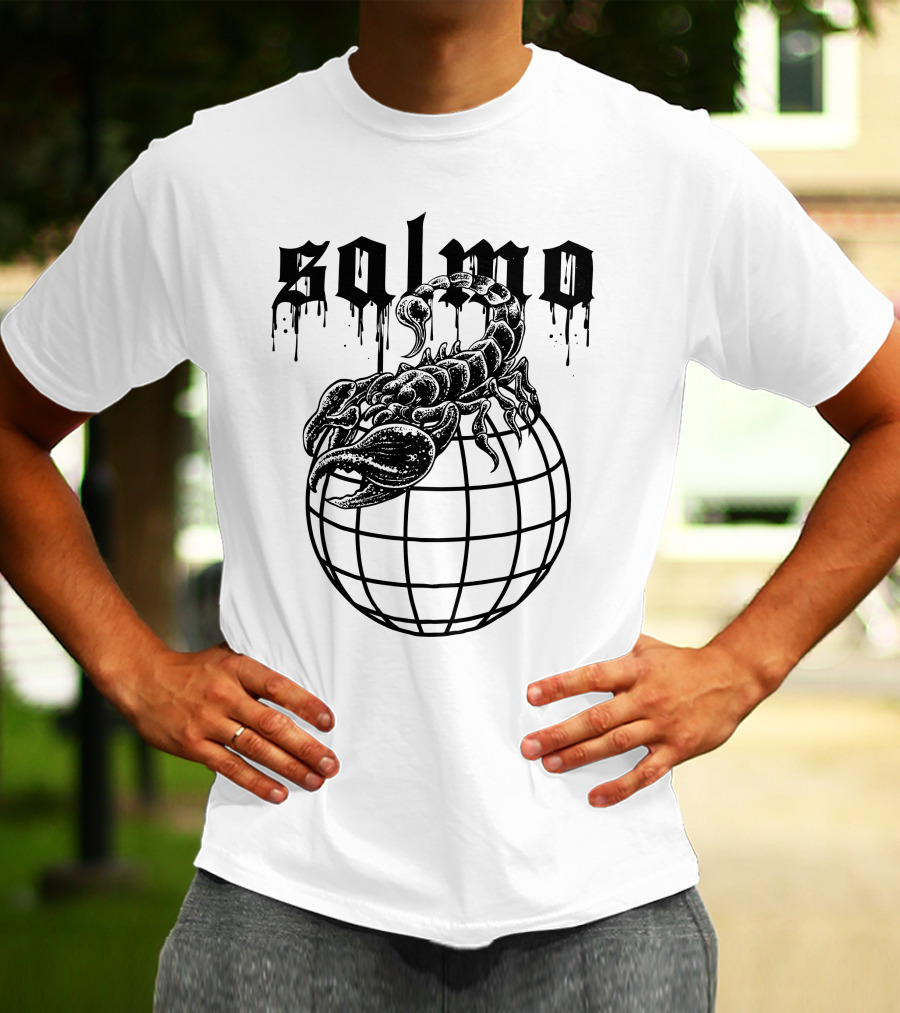 Salmo Scorpio With Dripping Text And Scorpion On Globe T-Shirt