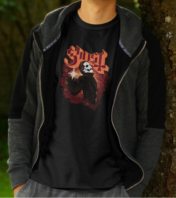 Ghost Band Skull Figure Red Flames T-Shirt