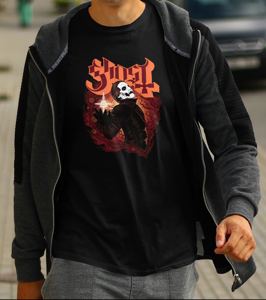 Ghost Band Skull Figure Red Flames T-Shirt
