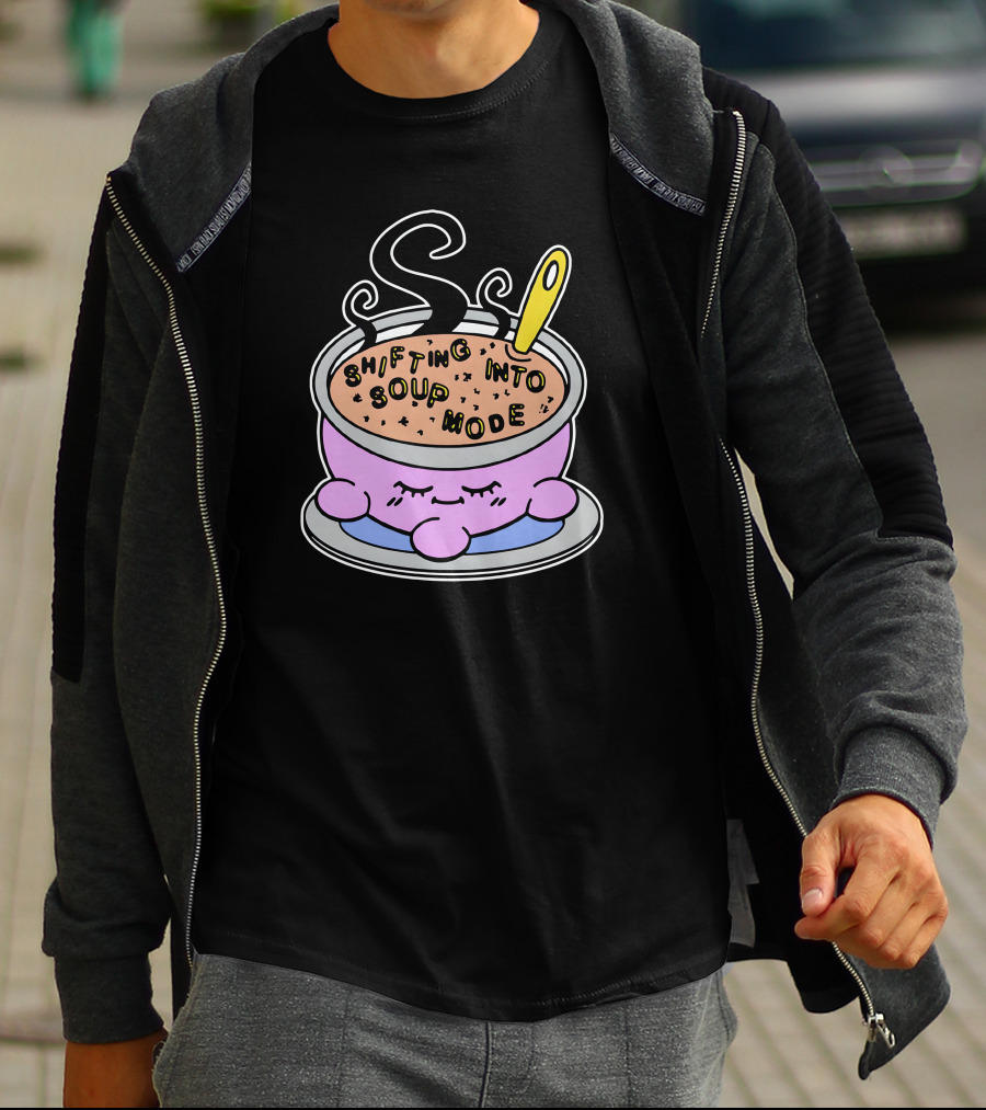Shifting Into Soup Mode Adorable Pink Character In Relaxing Steamy Bowl With Yellow Spoon T-Shirt