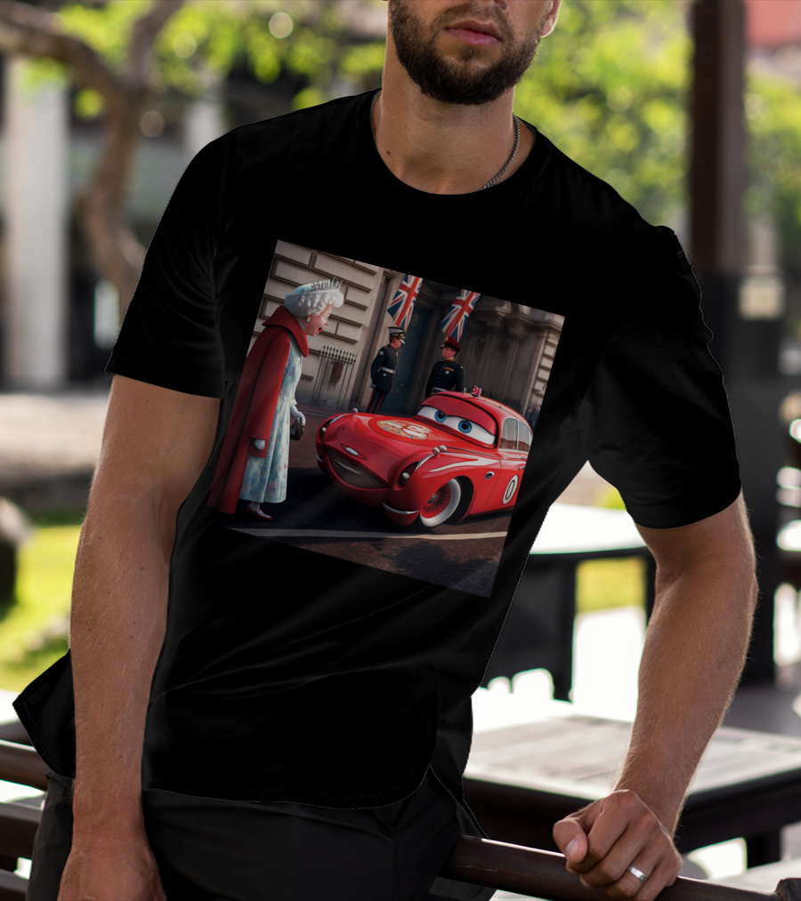 Lightning McQueen Meets Queen Of England With British Guards And Flags T-Shirt