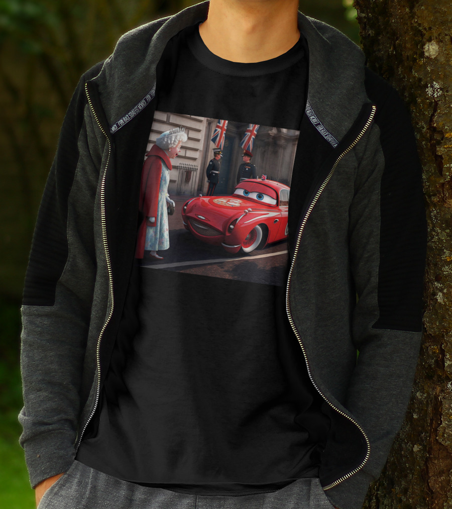 Lightning McQueen Meets Queen Of England With British Guards And Flags T-Shirt