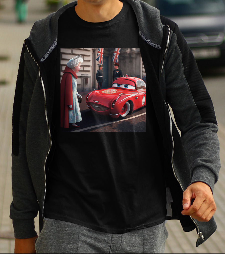 Lightning McQueen Meets Queen Of England With British Guards And Flags T-Shirt