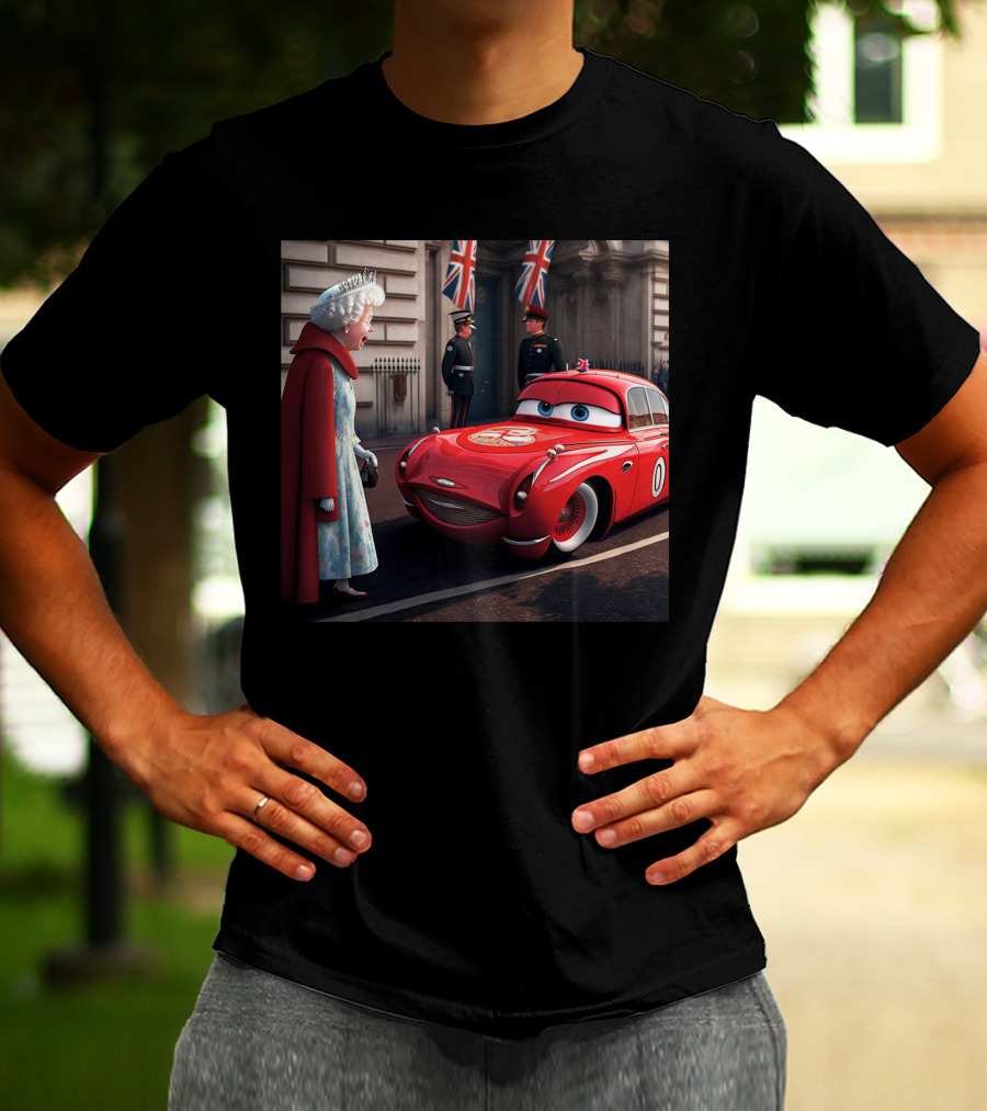 Lightning McQueen Meets Queen Of England With British Guards And Flags T-Shirt