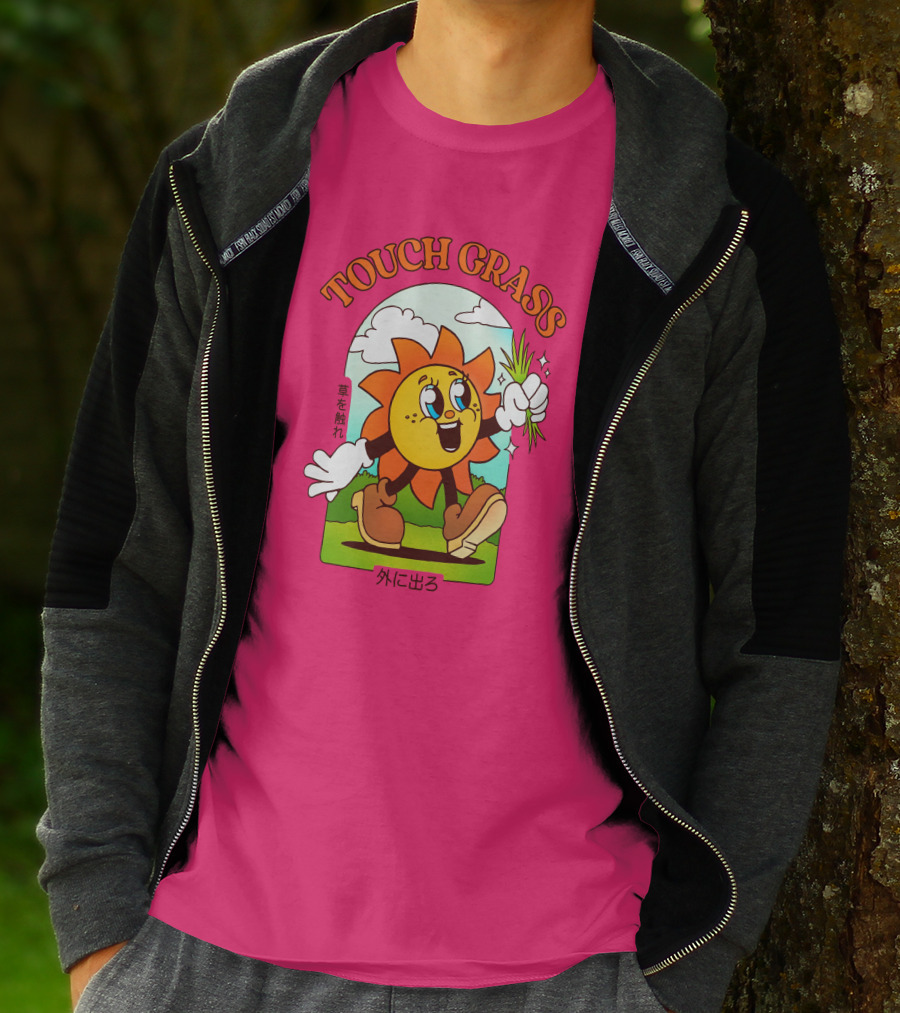 TOUCH GRASS Hellvetika Sunflower Character Boots Japan Text T-Shirt