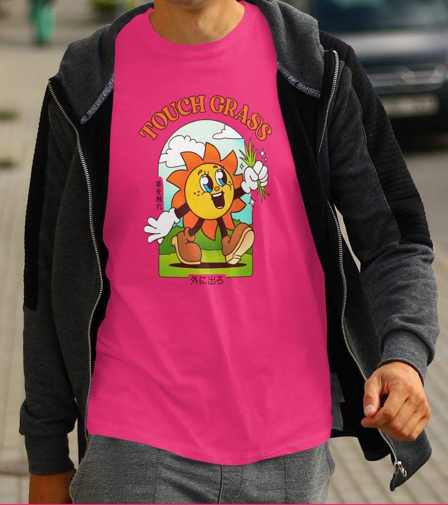 TOUCH GRASS Hellvetika Sunflower Character Boots Japan Text T-Shirt