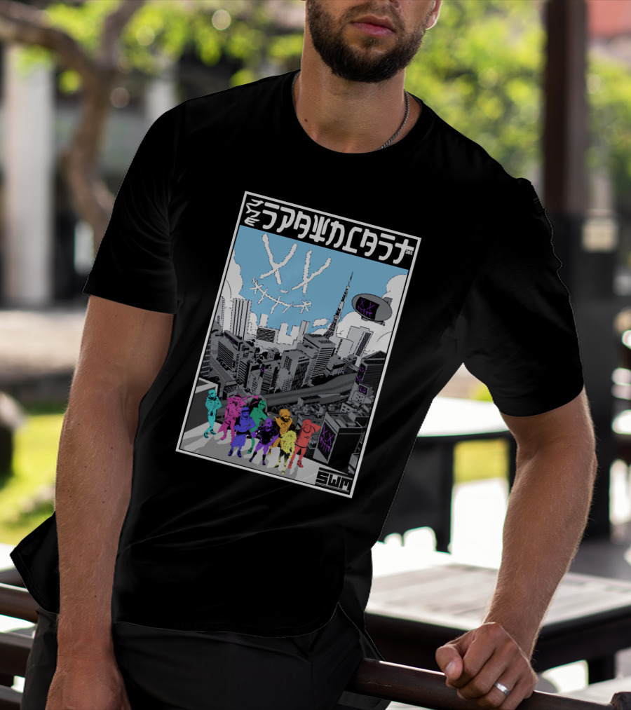 Spawncast Cyberpunk Cityscape With Masked Figures And Smiling Skyline Eyes T-Shirt
