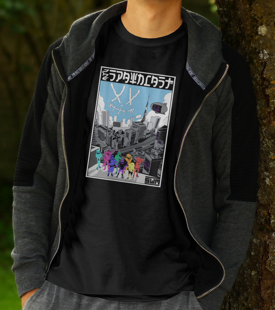 Spawncast Cyberpunk Cityscape With Masked Figures And Smiling Skyline Eyes T-Shirt