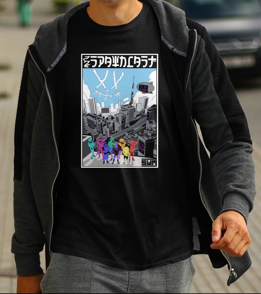 Spawncast Cyberpunk Cityscape With Masked Figures And Smiling Skyline Eyes T-Shirt