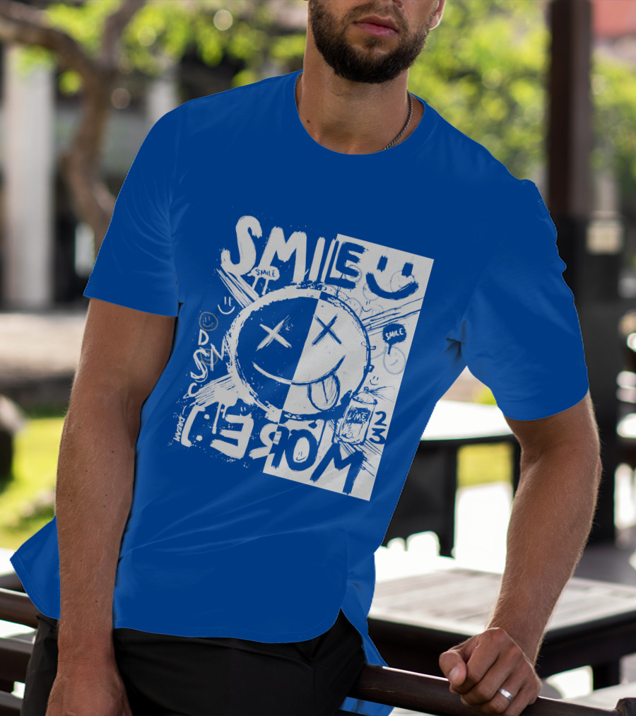 Smile More April Members Only Blue Grunge Style Smiley Face T-Shirt