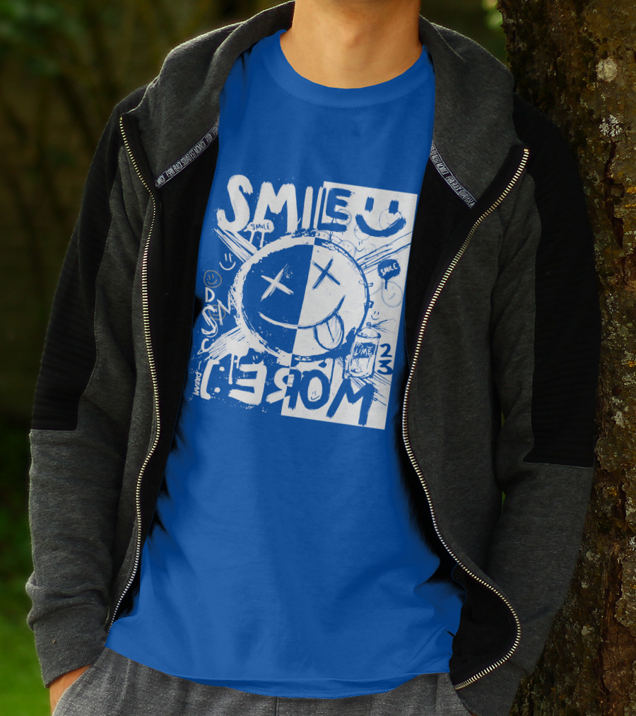 Smile More April Members Only Blue Grunge Style Smiley Face T-Shirt