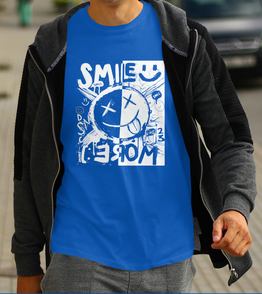 Smile More April Members Only Blue Grunge Style Smiley Face T-Shirt