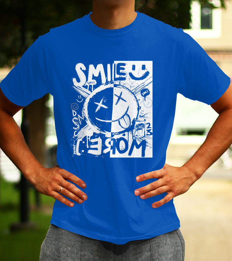 Smile More April Members Only Blue Grunge Style Smiley Face T-Shirt