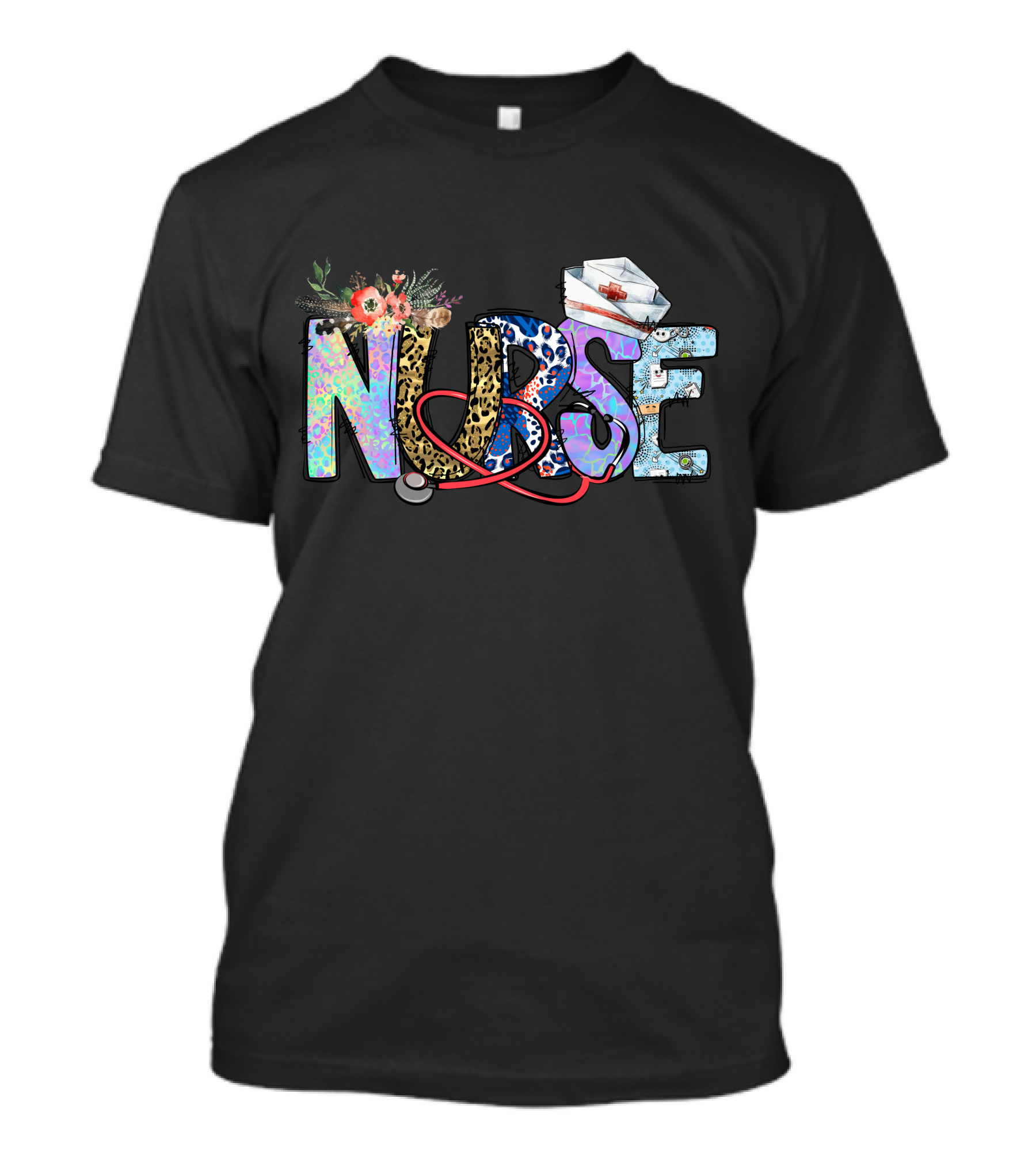 Nurse Colorful Floral Animal Print Stethoscope Hat T-Shirt