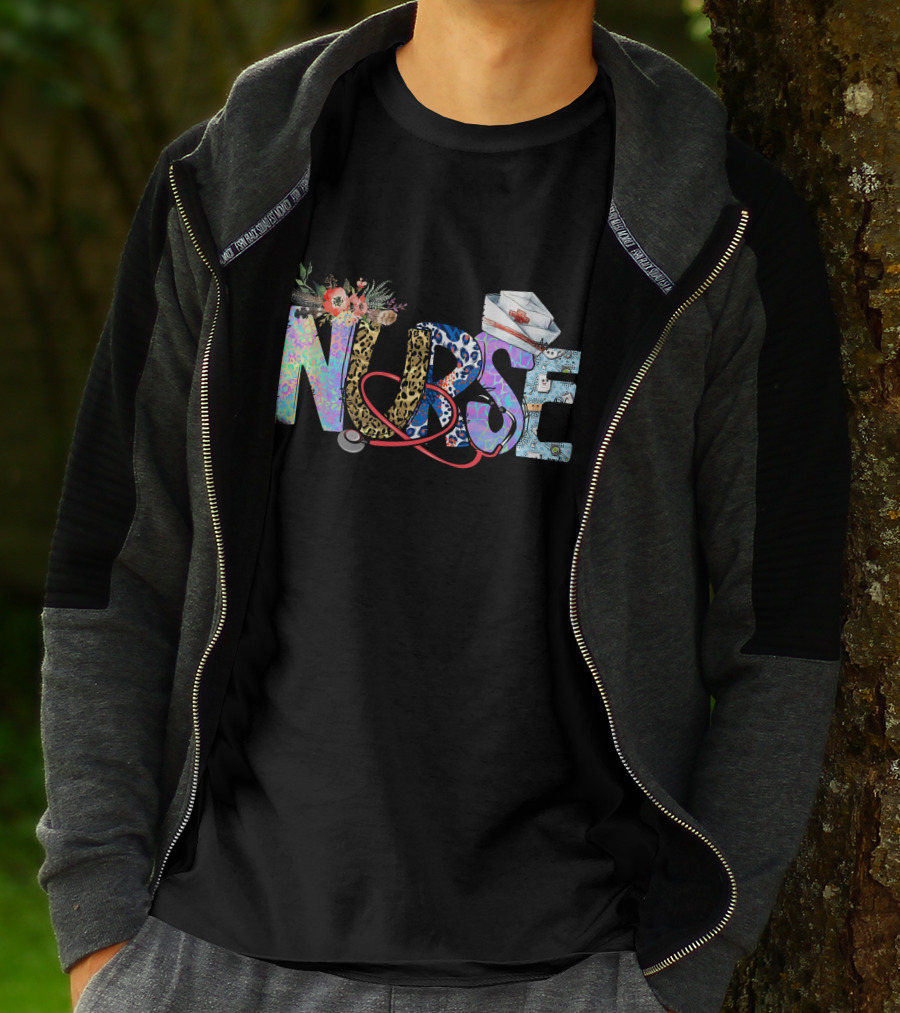 Nurse Colorful Floral Animal Print Stethoscope Hat T-Shirt
