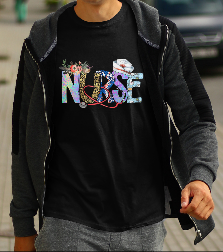 Nurse Colorful Floral Animal Print Stethoscope Hat T-Shirt