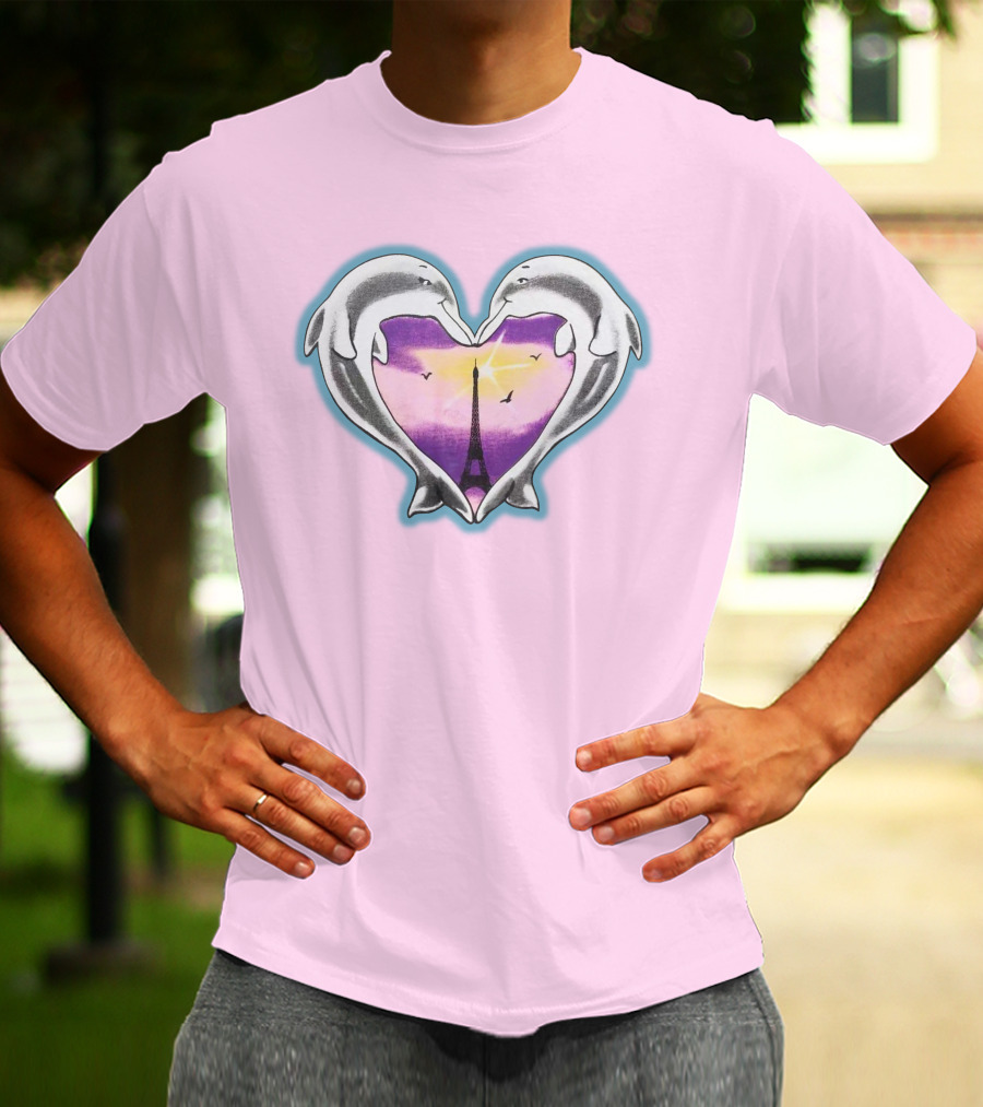 Dolphins Heart Eiffel Tower Sunset Paris Pink Background T-Shirt