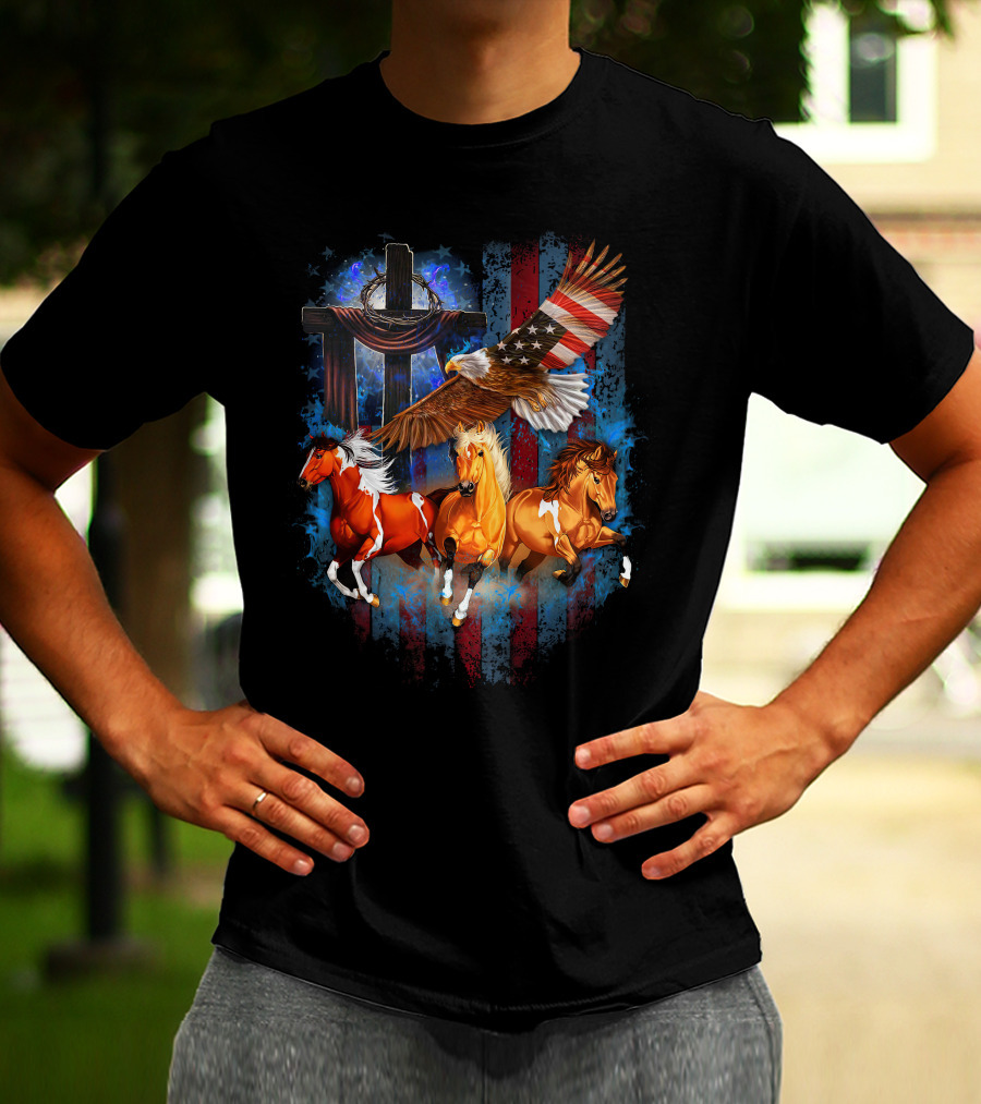 GOD Horse American Flag Eagle Cross T-Shirt