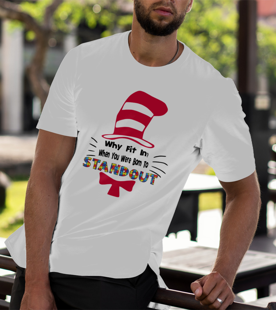 Why Fit In When You Were Born To Standout Autism Cat Hat Puzzle T-Shirt