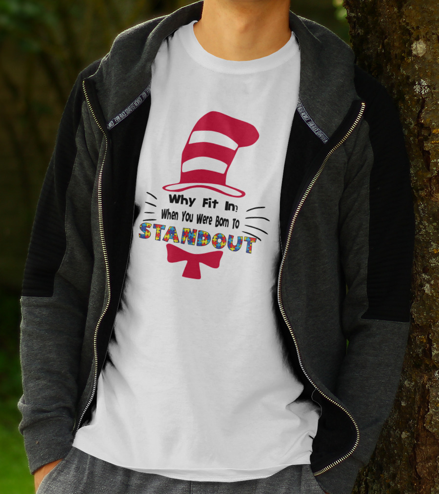 Why Fit In When You Were Born To Standout Autism Cat Hat Puzzle T-Shirt
