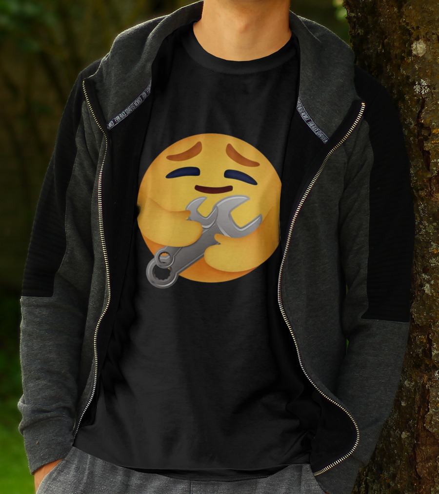 FUNNY MECHANIC EMOTION HUGGING WRENCH EMOJI T-Shirt