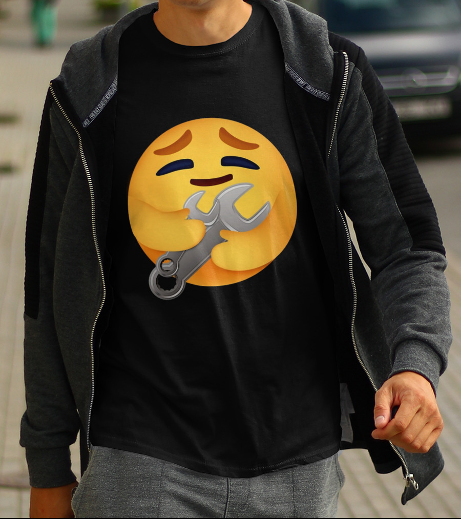 FUNNY MECHANIC EMOTION HUGGING WRENCH EMOJI T-Shirt