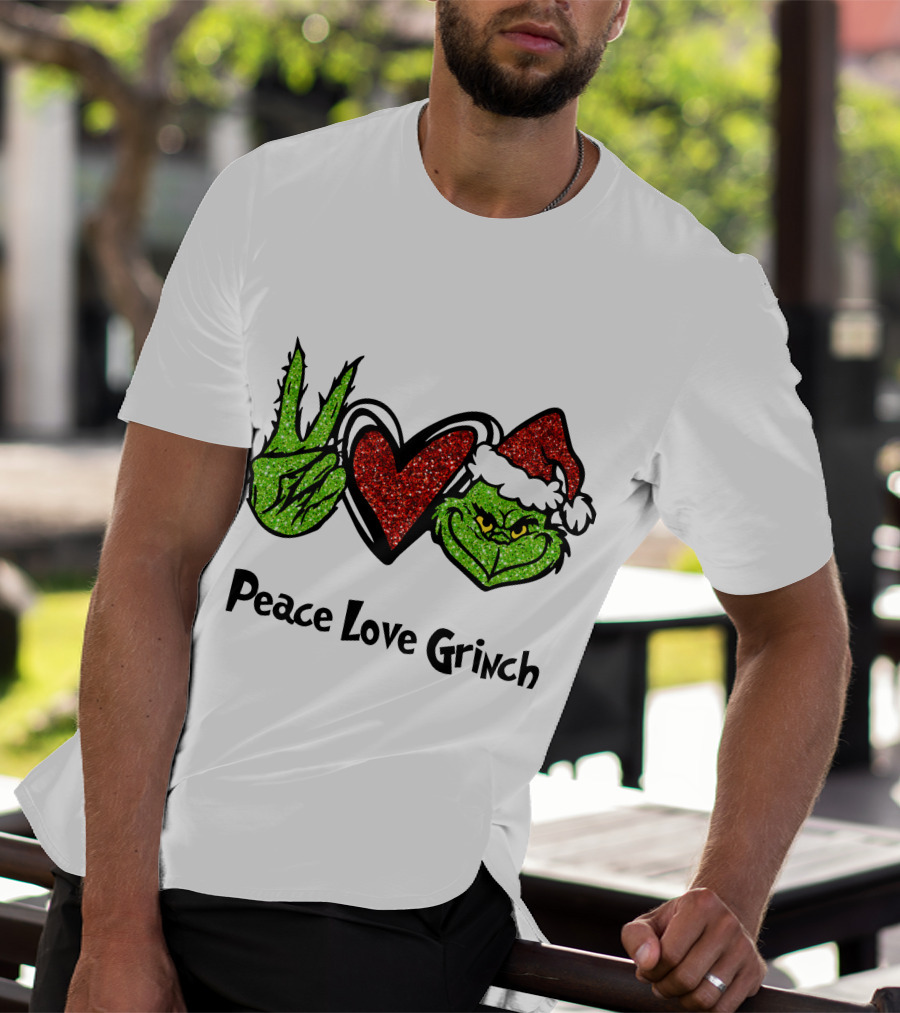 Peace Love Grinch Glitter Christmas Santa Hat T-Shirt