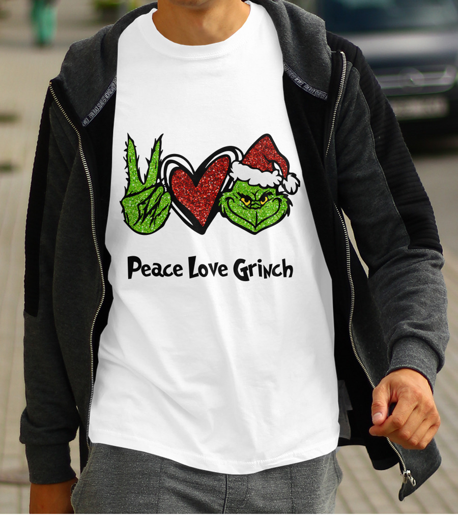 Peace Love Grinch Glitter Christmas Santa Hat T-Shirt