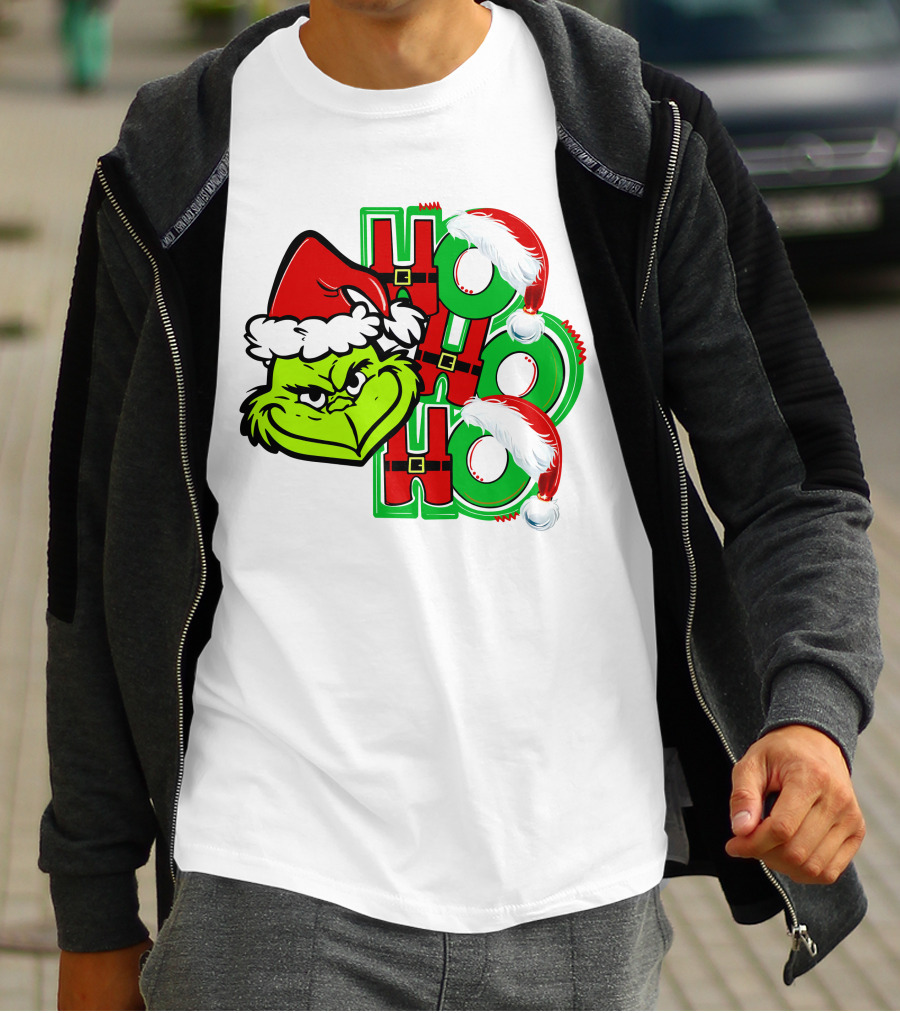 Grinch Ho Ho Ho Santa Hat Christmas T-Shirt