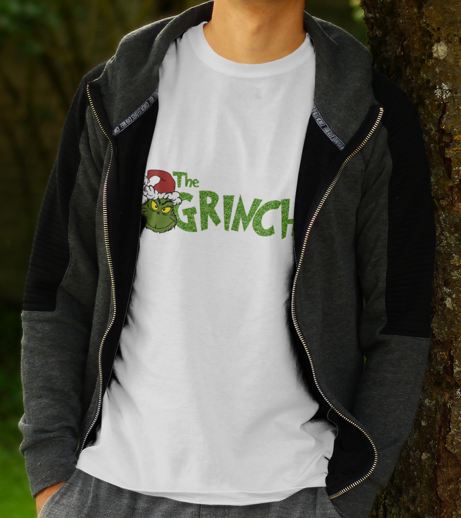 The Grinch Santa Hat Christmas Green Glittery Text T-Shirt