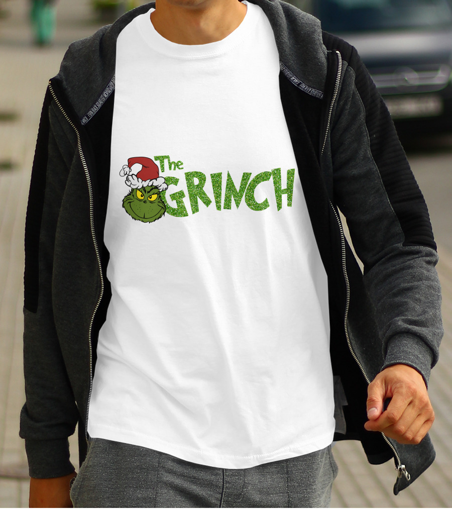 The Grinch Santa Hat Christmas Green Glittery Text T-Shirt
