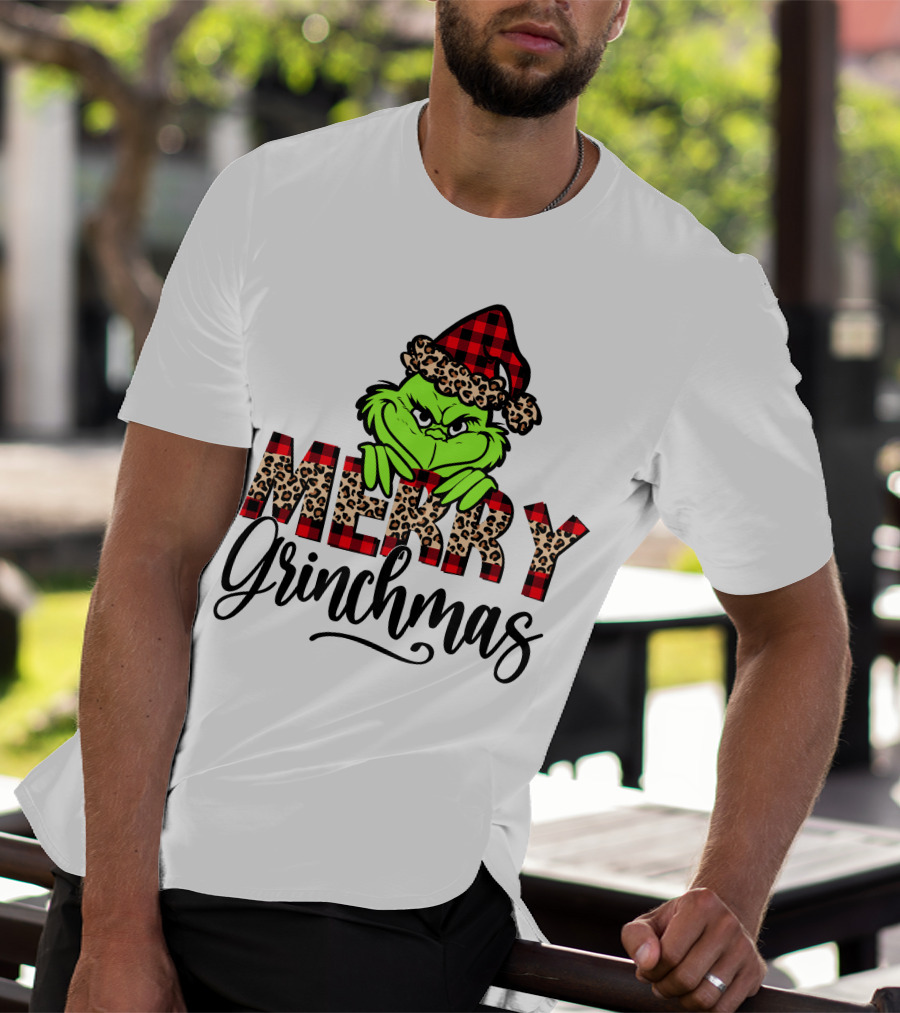 Merry Grinchmas Red Plaid And Leopard Print Christmas Grinch T-Shirt