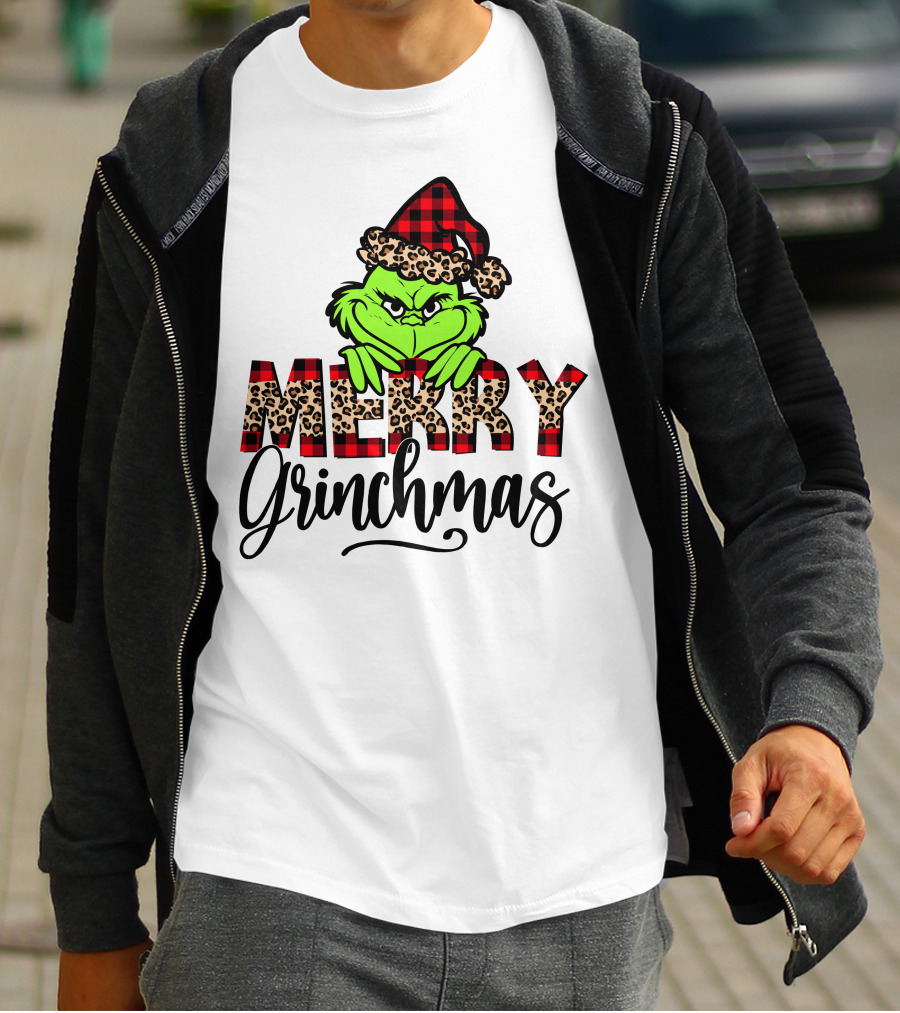 Merry Grinchmas Red Plaid And Leopard Print Christmas Grinch T-Shirt