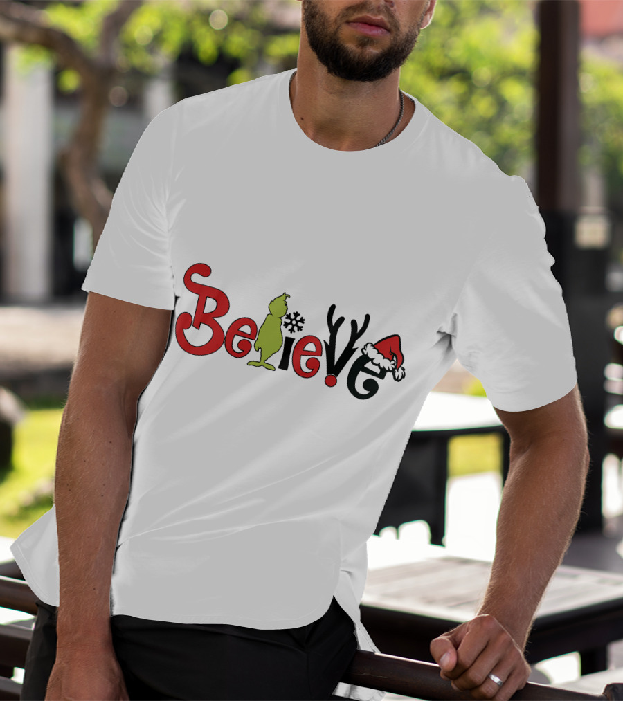 Grinch Believe Christmas Santa Hat Antlers T-Shirt